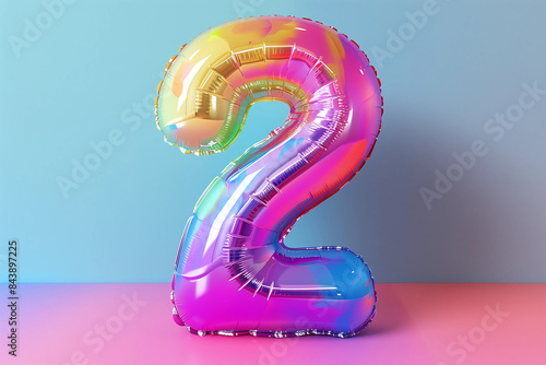 Bright rainbow inflatable balloon number two on festive pastel background.