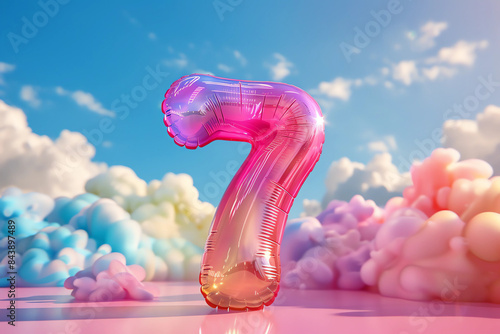 Bright rainbow inflatable balloon number seven on festive pastel background.