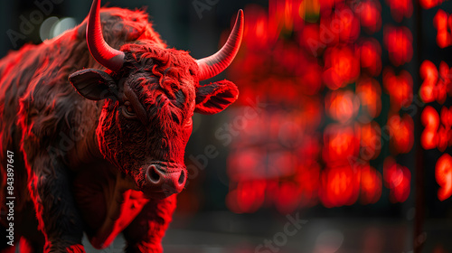Close-up of a bull statue illuminated in red light, symbolizing a bullish stock market, with a stock exchange display in the background