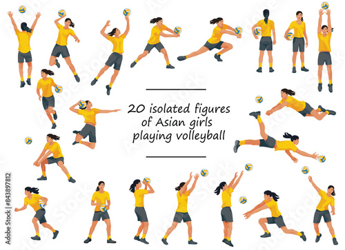 Asian women s volleyball team players in yellow T-shirts training  running  jumping  throwing  hitting the ball