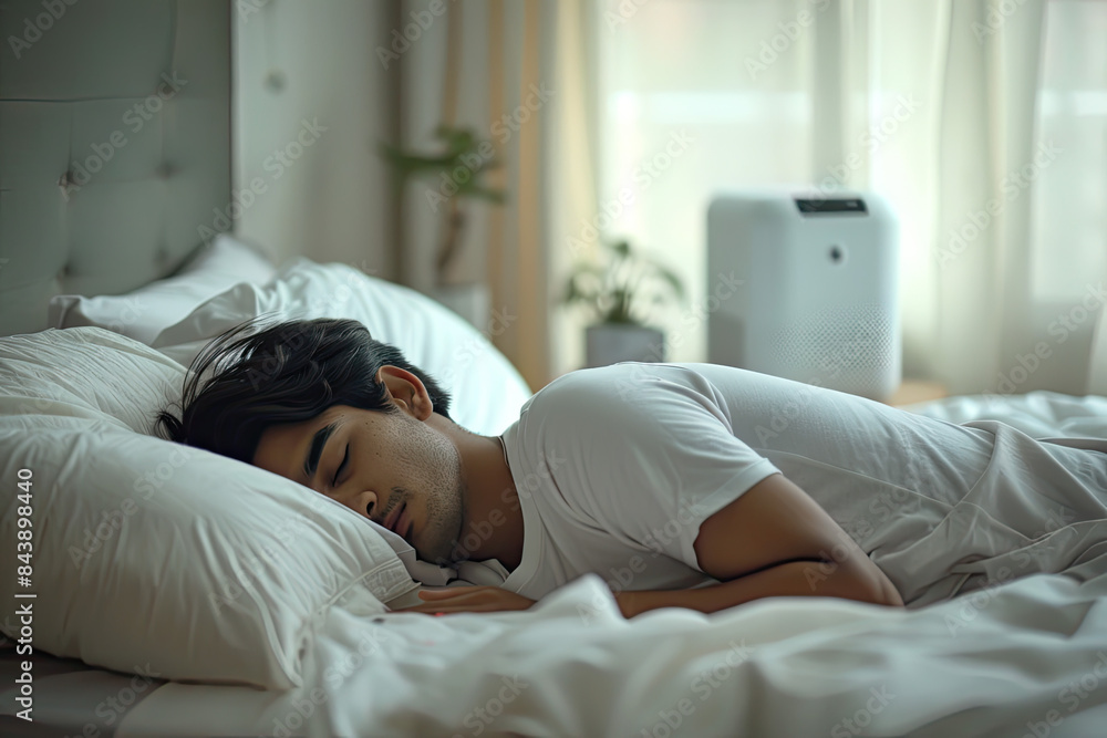 A man is sleeping on a bed with a white pillow A man is sleeping on a bed with a white pillow