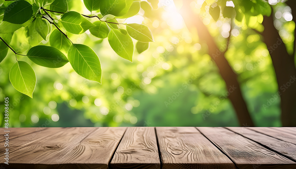 Wooden Tabletop With Sunlight Through Tree Branches in a Green Forest Wooden Tabletop With Sunlight Through Tree Branches in a Green Forest