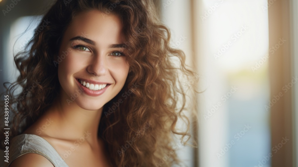 Woman with curly hair smiling outdoors Woman with curly hair smiling outdoors