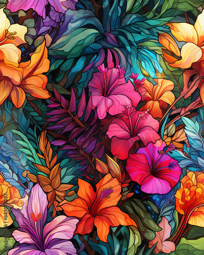A vibrant digital illustration of various tropical flowers with intricate details and rich colors in a lush setting. A vibrant digital illustration of various tropical flowers with intricate details and rich colors in a lush setting.