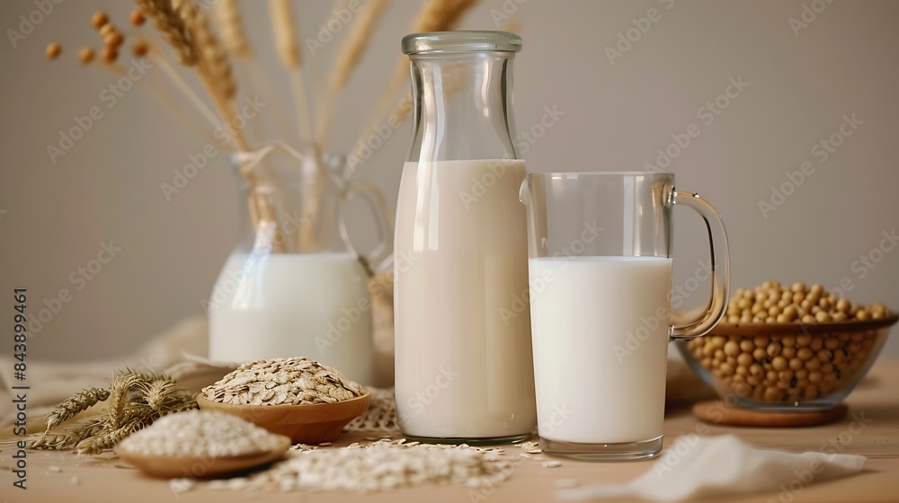 Front view of a drinking glass a bottle and a jug filled with fresh organic vegan milks surrounded by oat flakes soy beans quinoa seeds