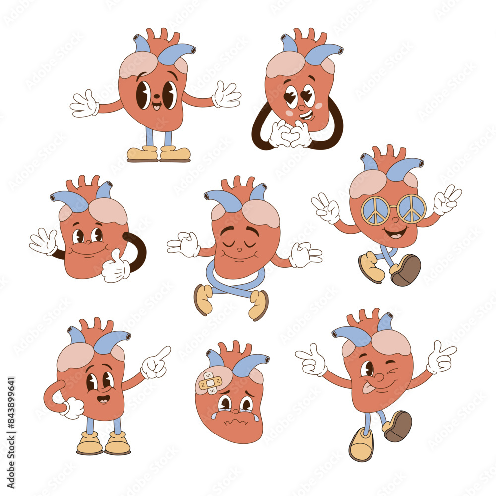 Obraz premium Retro groovy funny cartoon heart clip art set. Human organ anatomy medical illustration.