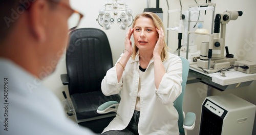 Tableau sur toile Hospital, doctor and woman in consultation, eye exam and explaining to patient, optometry and diagnosis