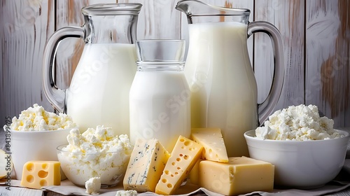 Front view of various kinds of dairy products like a milk jug yogurt butter and different types of cheese