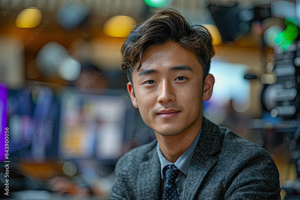 Fototapeta premium young male Chinese TV presenter sitting in a news studio