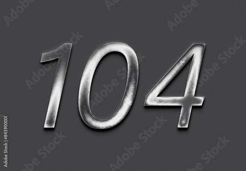 Chrome metal 3D number design of 104 on grey background.