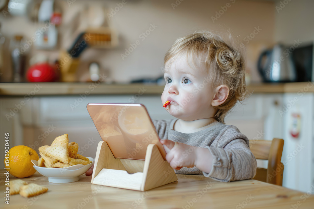 kid watching iphone video on a phone stand in the kitchen, eating a snack kid watching iphone video on a phone stand in the kitchen, eating a snack
