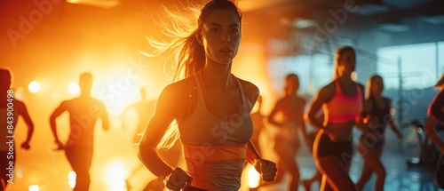 A group of people working out in an indoor gym, illuminated by bright warm lights, with focus on a woman running in the foreground.