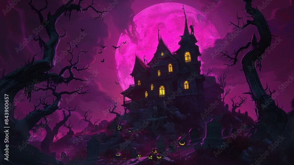 Haunted Castle with Full Moon and Bats Haunted Castle with Full Moon and Bats