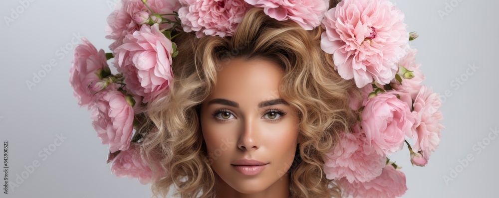 Portrait of a woman with curly hair adorned with large pink flowers, exuding natural beauty and elegance. Portrait of a woman with curly hair adorned with large pink flowers, exuding natural beauty and elegance.