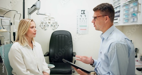 фотографія Hospital, doctor and woman in consultation, eye test and explaining to patient, optometry and diagnosis