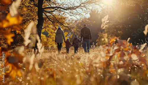 A family of four is walking through a field of yellow leaves