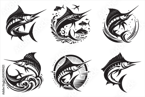 Marlin fish silhouette vector illustration set 