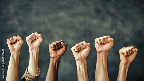 Arms raised in protest. Group of protestors fists raised up in the air