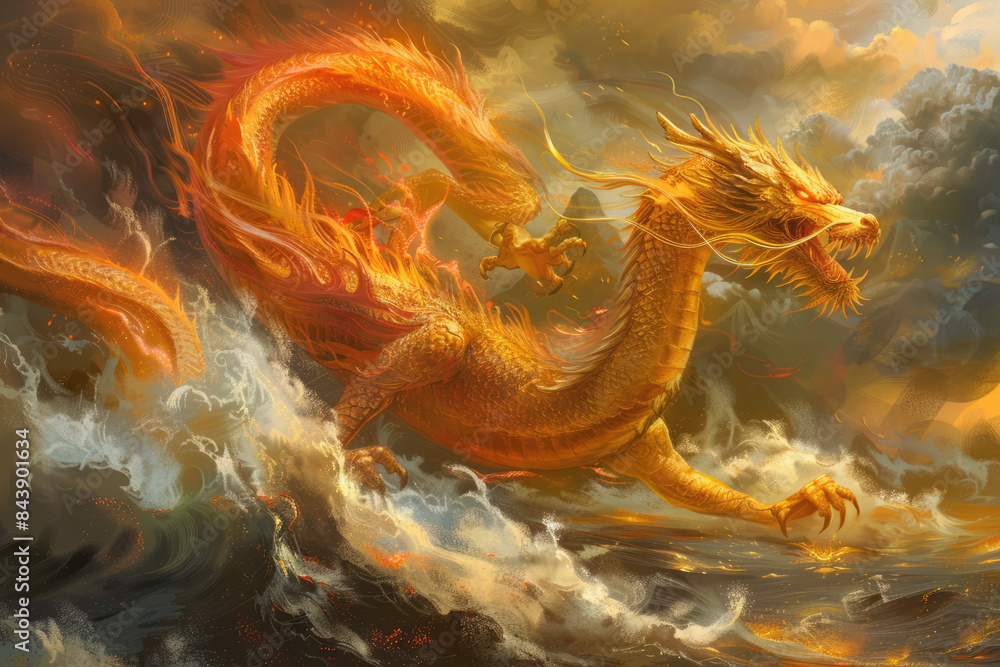 Fototapeta premium The Asian golden dragon flies