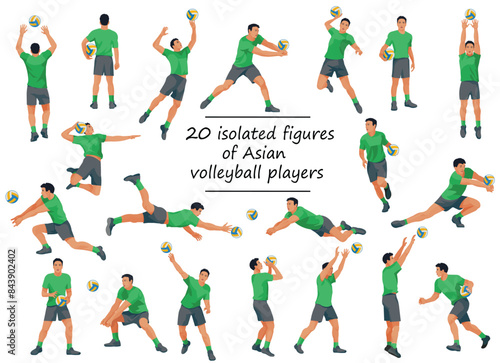 Vector figures of Asian volleyball team players in green T-shirts in various poses training, running, jumping, throwing, hitting the ball