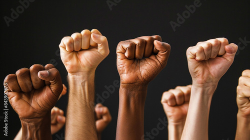 Arms raised in protest. Group of protestors fists raised up in the air