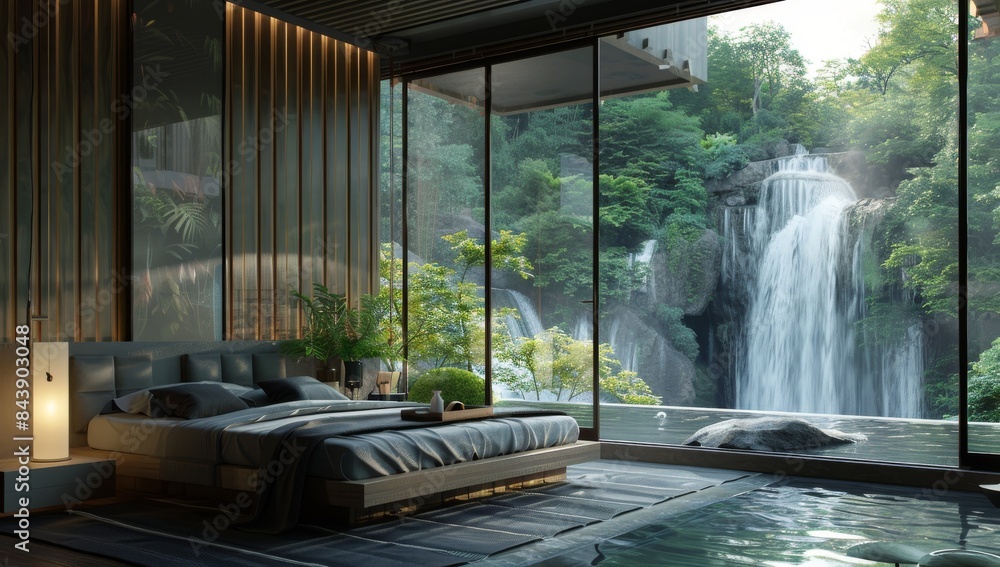 A bedroom with large windows overlooking the waterfall, minimalist design, natural materials and colors. A bedroom with large windows overlooking the waterfall, minimalist design, natural materials and colors.