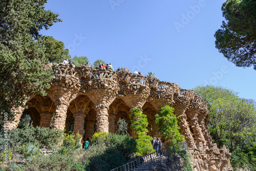 Park Güell located on Carmel Hill, in Barcelona. Vibrantly colored tiles