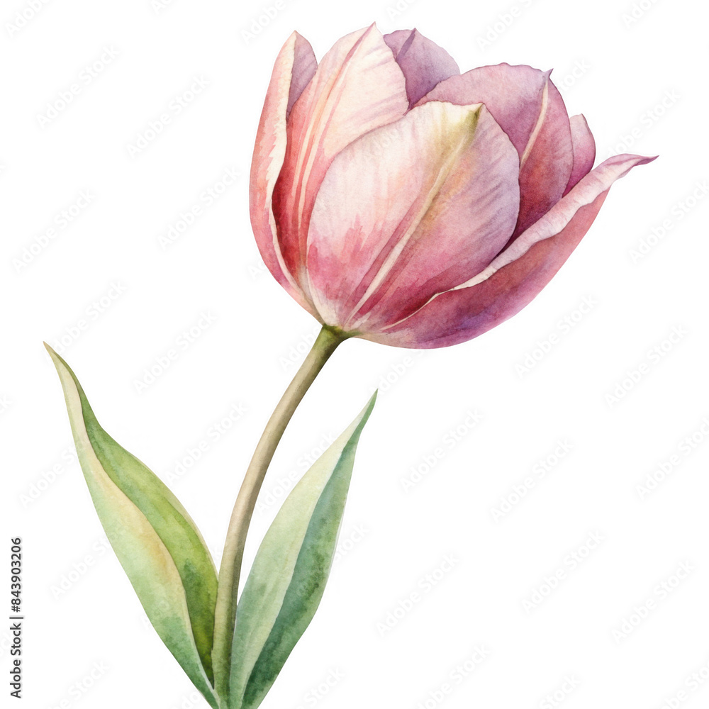 Fototapeta premium Watercolor tulip flower illustration in soft pink shades with green leaves, perfect for spring and floral themes. Isolated on transparent background, png.