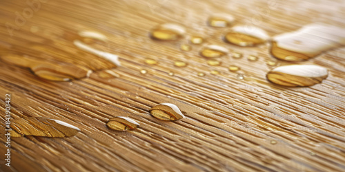 Naturally oak laminate plank with water droplets coated with oleophobic composition closeup. Protective wood compound background. photo