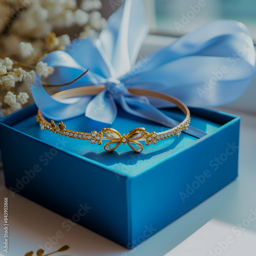 Golden btacelet in the blue, gift, present box photo