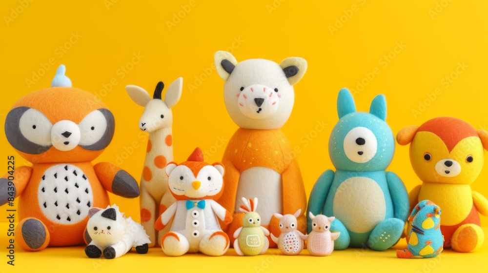 collection of soft toys made of felt, on a yellow background. collection of soft toys made of felt, on a yellow background.