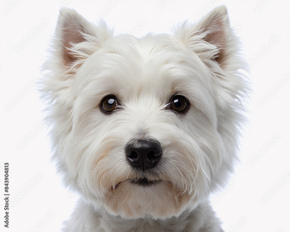 Portrait of a Western Highland White Terrier with a wary expression. His fluffy fur, pointed ears and keen eyes give him a curious and attentive demeanor. Portrait of a Western Highland White Terrier with a wary expression. His fluffy fur, pointed ears and keen eyes give him a curious and attentive demeanor.