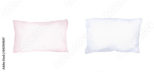 Wallpaper Mural Two pillows are pink and blue, isolated on a white background. Watercolor illustration in pastel shades of pastel accessories, hand-drawn. A decorative element for sleeping with a place for text. Torontodigital.ca