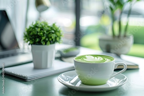 The matcha latte on a sleek, modern office desk with a laptop, notebook, and a beautiful desk lamp, highlighting a productive and stylish workspace. photo