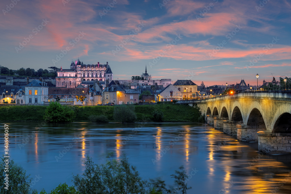 Obraz premium Amboise town and Chateau de Amboise at sunset