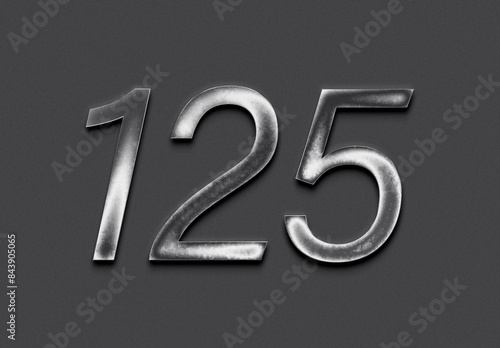 Chrome metal 3D number design of 125 on grey background.