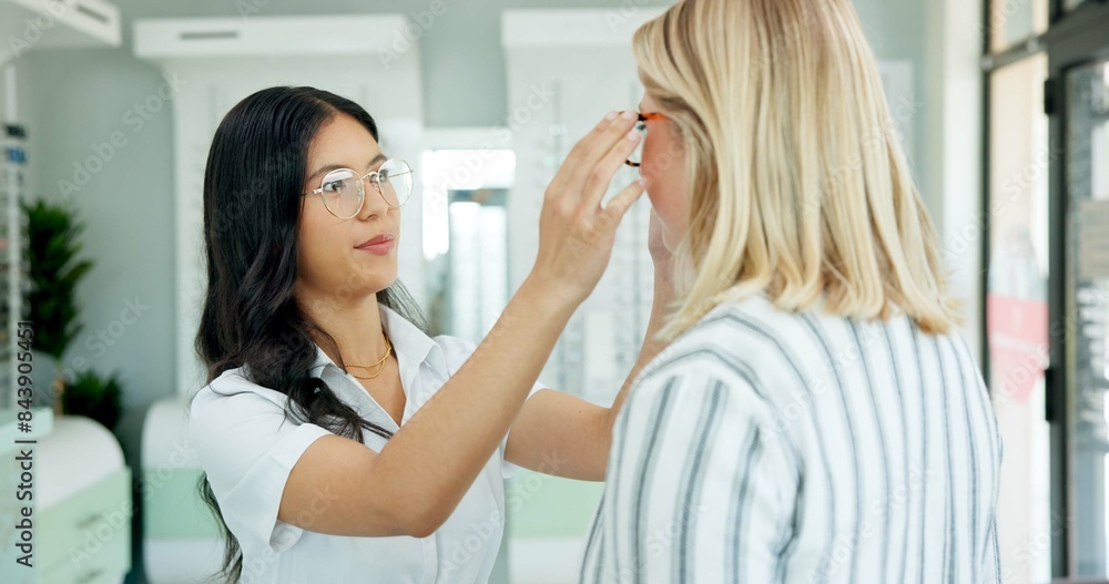 Vision, optometrist and help client with glasses for eye health, wellness or care. Ophthalmology, frame and woman fitting spectacles for eyesight correction or choice of customer with doctor in store Vision, optometrist and help client with glasses for eye health, wellness or care. Ophthalmology, frame and woman fitting spectacles for eyesight correction or choice of customer with doctor in store
