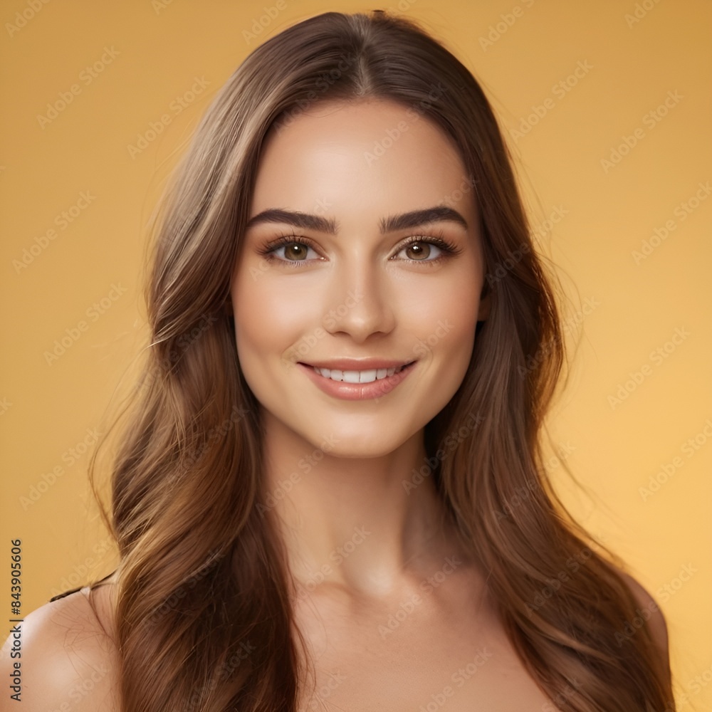 Pretty european beauty woman long hair with makeup glowing face and healthy facial skin portrait smile on isolated light yellow background Pretty european beauty woman long hair with makeup glowing face and healthy facial skin portrait smile on isolated light yellow background