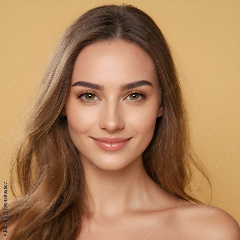 Naklejka premium Pretty european beauty woman long hair with makeup glowing face and healthy facial skin portrait smile on isolated light yellow background
