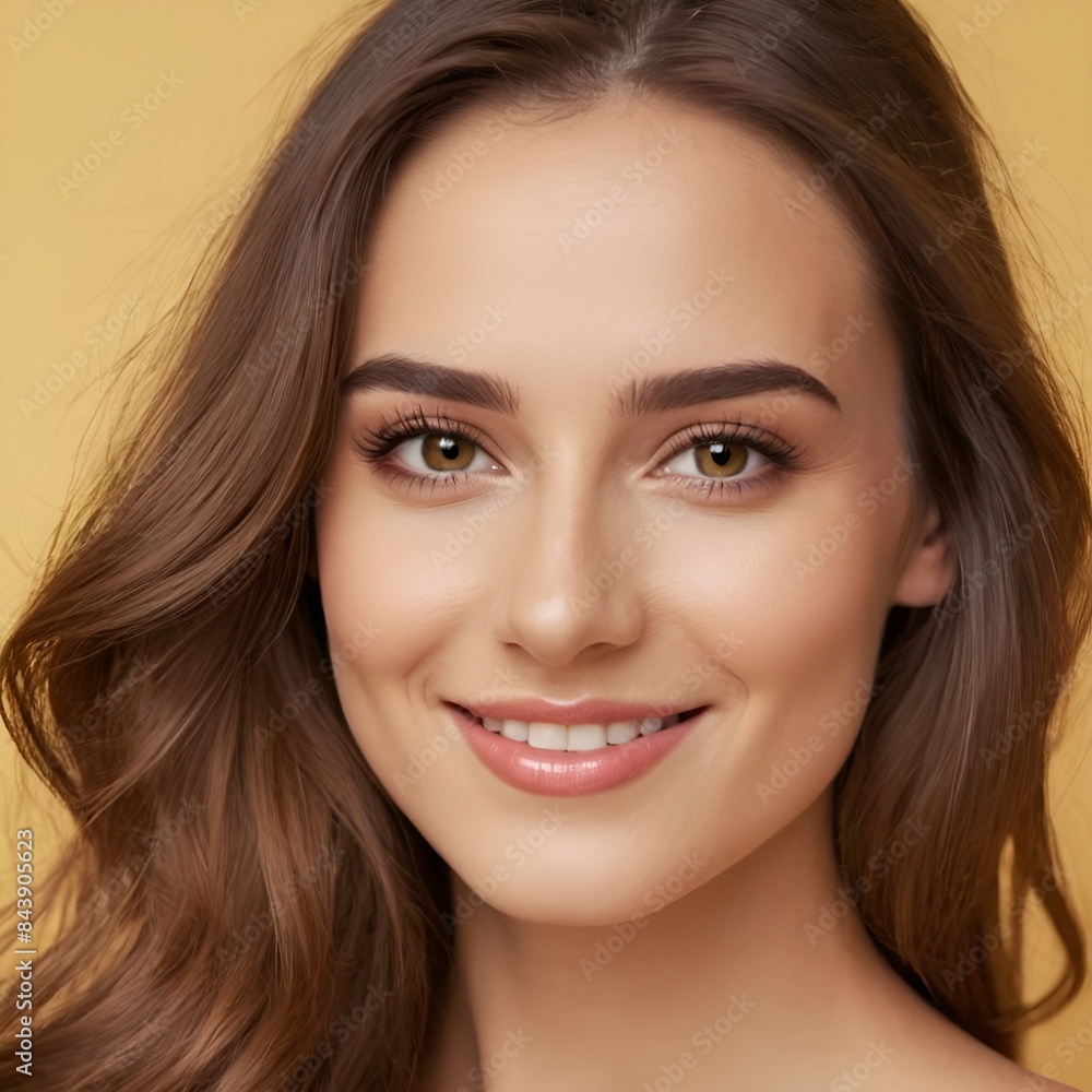 Pretty european beauty woman long hair with makeup glowing face and healthy facial skin portrait smile on isolated light yellow background Pretty european beauty woman long hair with makeup glowing face and healthy facial skin portrait smile on isolated light yellow background