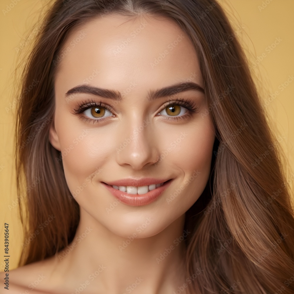 Pretty european beauty woman long hair with makeup glowing face and healthy facial skin portrait smile on isolated light yellow background Pretty european beauty woman long hair with makeup glowing face and healthy facial skin portrait smile on isolated light yellow background