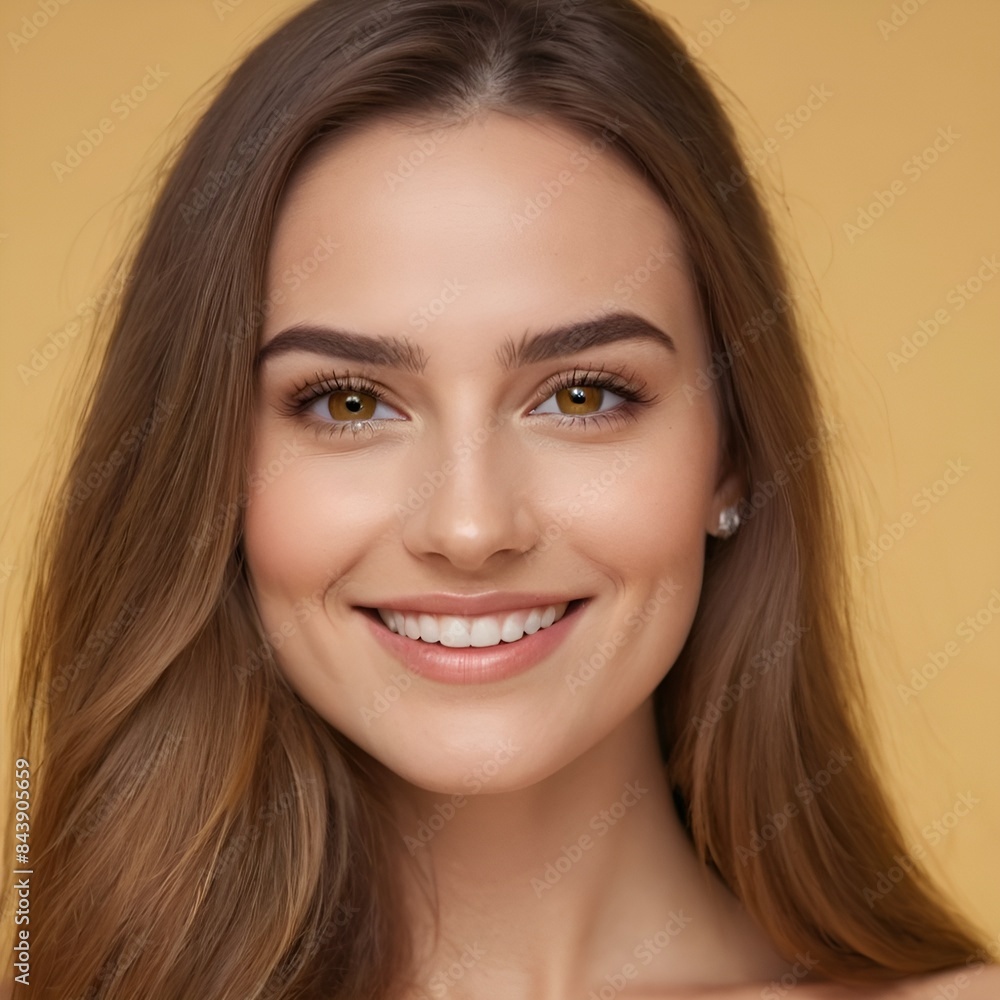 Fototapeta premium Pretty european beauty woman long hair with makeup glowing face and healthy facial skin portrait smile on isolated light yellow background