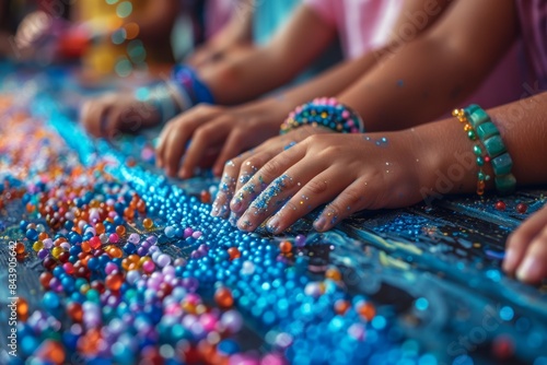 Kids Hands Playing With Colorful Beads