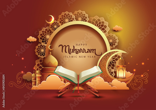 happy Muharram art greetings with golden mosque and brown background wallpaper. abstract vector illustration design.