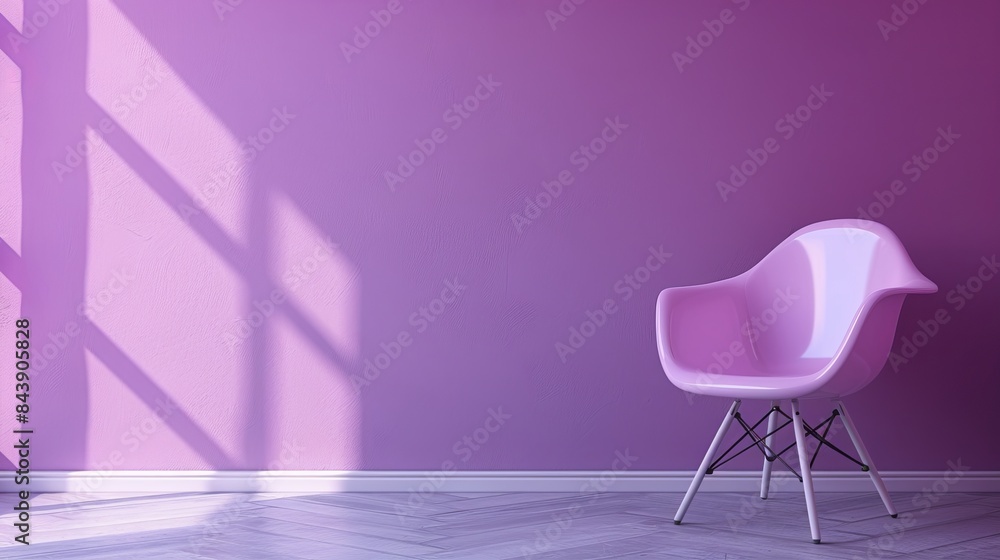 A pink chair sits in front of a wall with a light shining on it A pink chair sits in front of a wall with a light shining on it