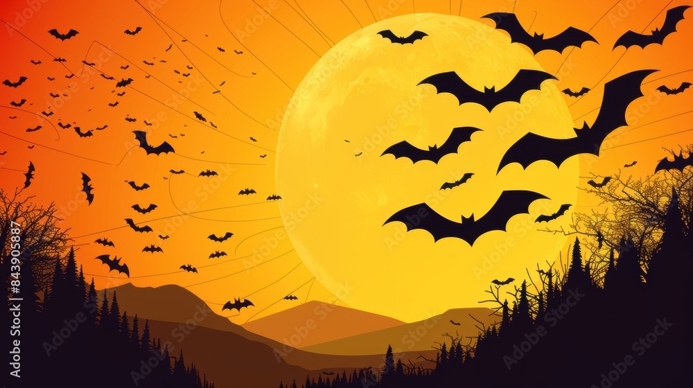 Haunted Castle Silhouette with Bats Against a Yellow Sky Background