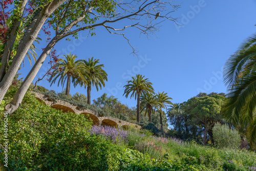 Park Güell located on Carmel Hill, in Barcelona. Vibrantly colored tiles