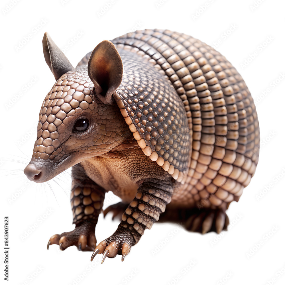 Obraz premium an armadillo isolated on a white background. The armadillo is shown in a side profile, highlighting its leathery armor shell and sharp claws