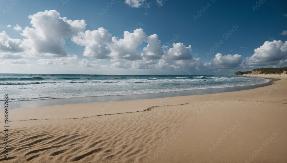 Scenic view of a deserted sandy beach with gentle waves of the sea receding into the distance, the sky is decorated with scattered white clouds creating a contrast with the blue color of the sky Scenic view of a deserted sandy beach with gentle waves of the sea receding into the distance, the sky is decorated with scattered white clouds creating a contrast with the blue color of the sky