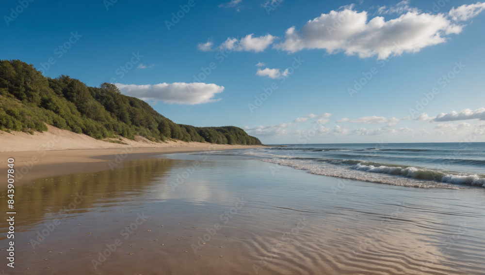 A picturesque view of a beach with soft golden sand washed by the calm waves of the sea, with a dense green forest in the background creating a contrast with the bright blue sky and snow-white clouds A picturesque view of a beach with soft golden sand washed by the calm waves of the sea, with a dense green forest in the background creating a contrast with the bright blue sky and snow-white clouds